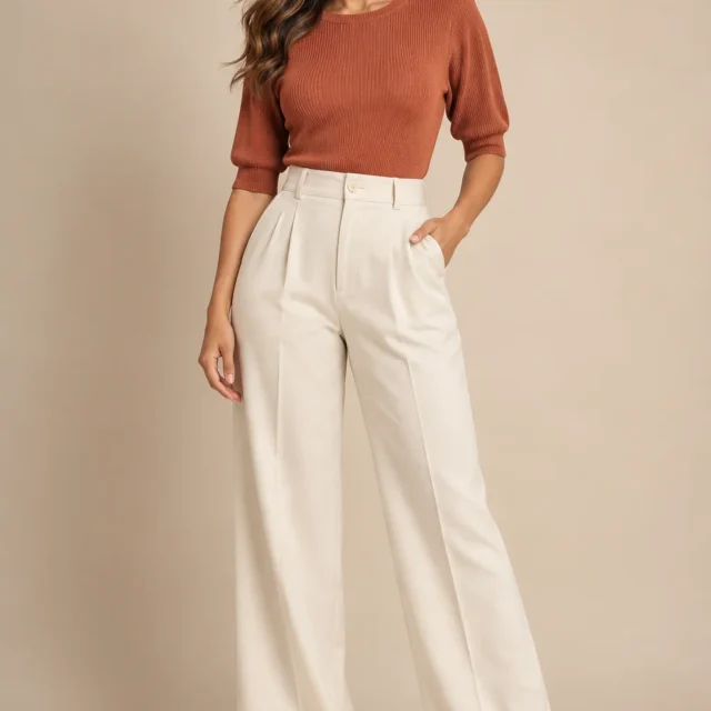 Mulher adulta usando tricot terracota e calça clara