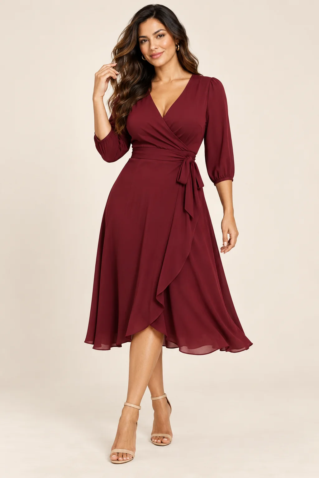 Mulher adulta usando vestido midi vinho